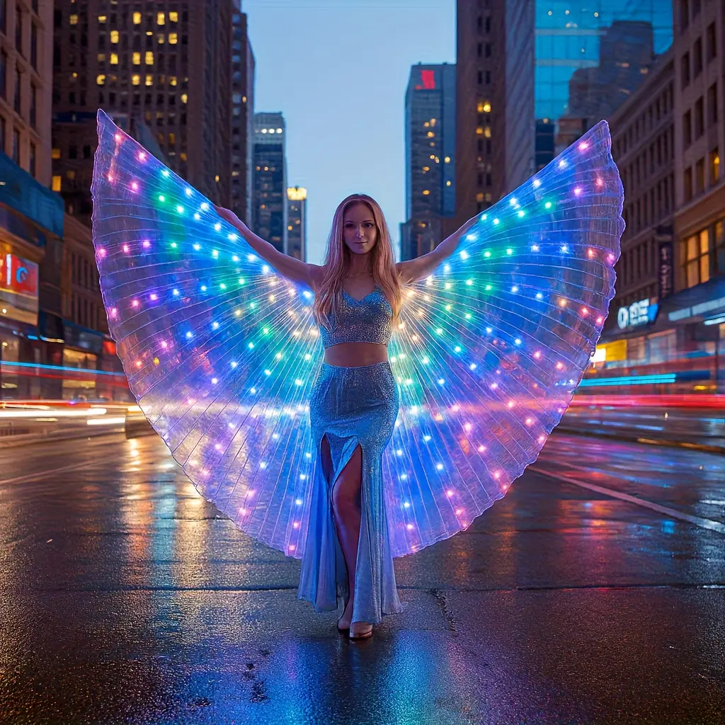 LED Glowing Cosplay Costume Outer Cape with Batwing, Colorful Copper Wire Lights, Glowing Belly, Butterfly Wings, AA Batteries for Halloween, Christmas (Toys & Hobbies Clothes)