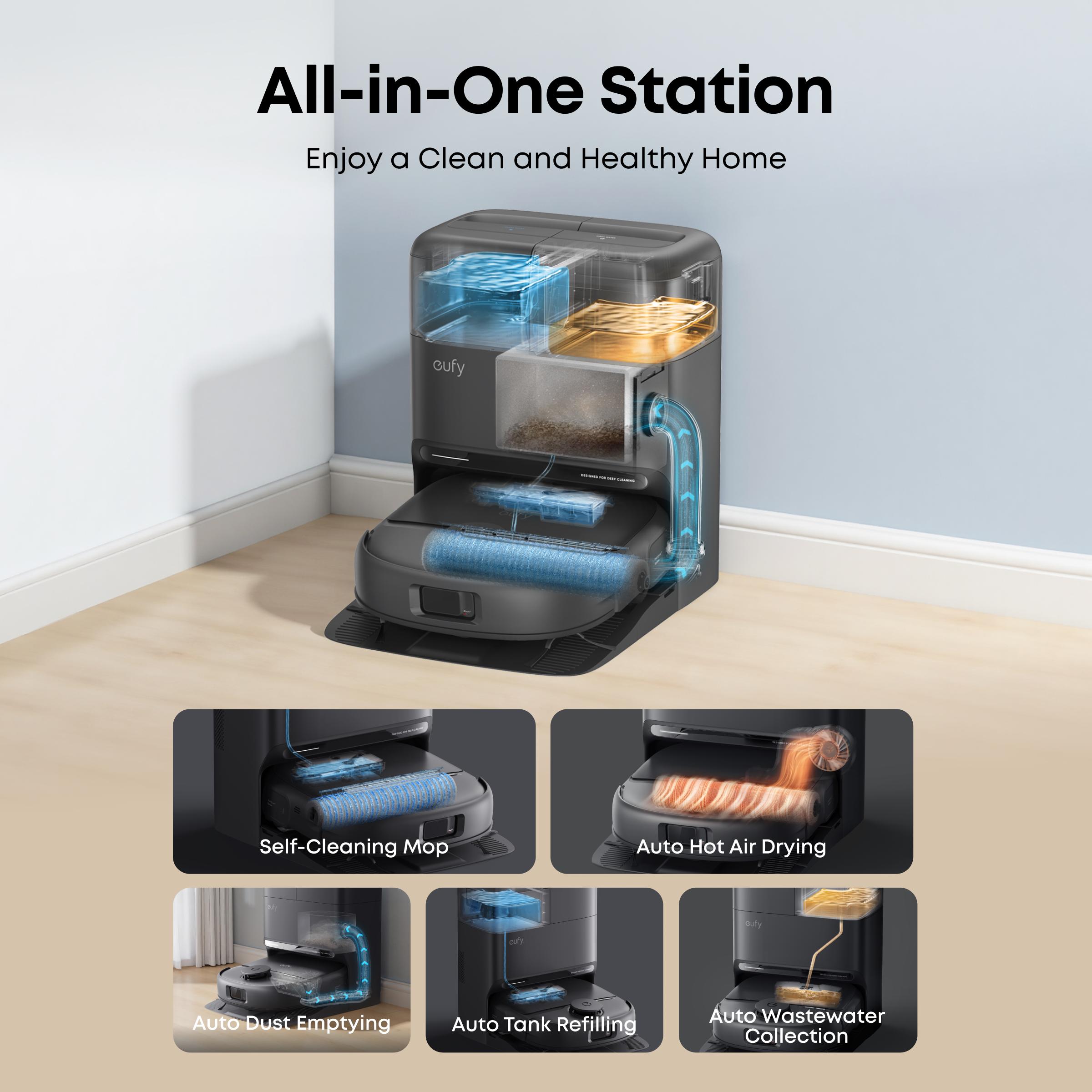 eufy C28 Robot Vacuum and Mop Combo, HydroJet Self-Cleaning Roller Mop, DuoSpiral Detangle Brush, 15,000 Pa Turbo High Suction, 5-in-1 Robot Vacuum and AI Obstacle Avoidance