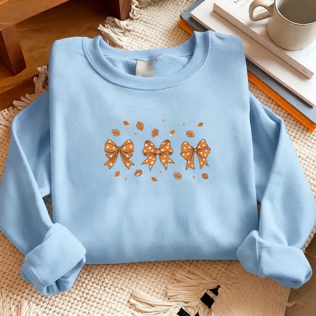 Embroidered Cute Autumn Coquette Apparel, Unisex Sweatshirt, T-shirt, And Hoodie, Cotton Top With Bow Graphic, Comfortable Casual Clothing For Everyday Style