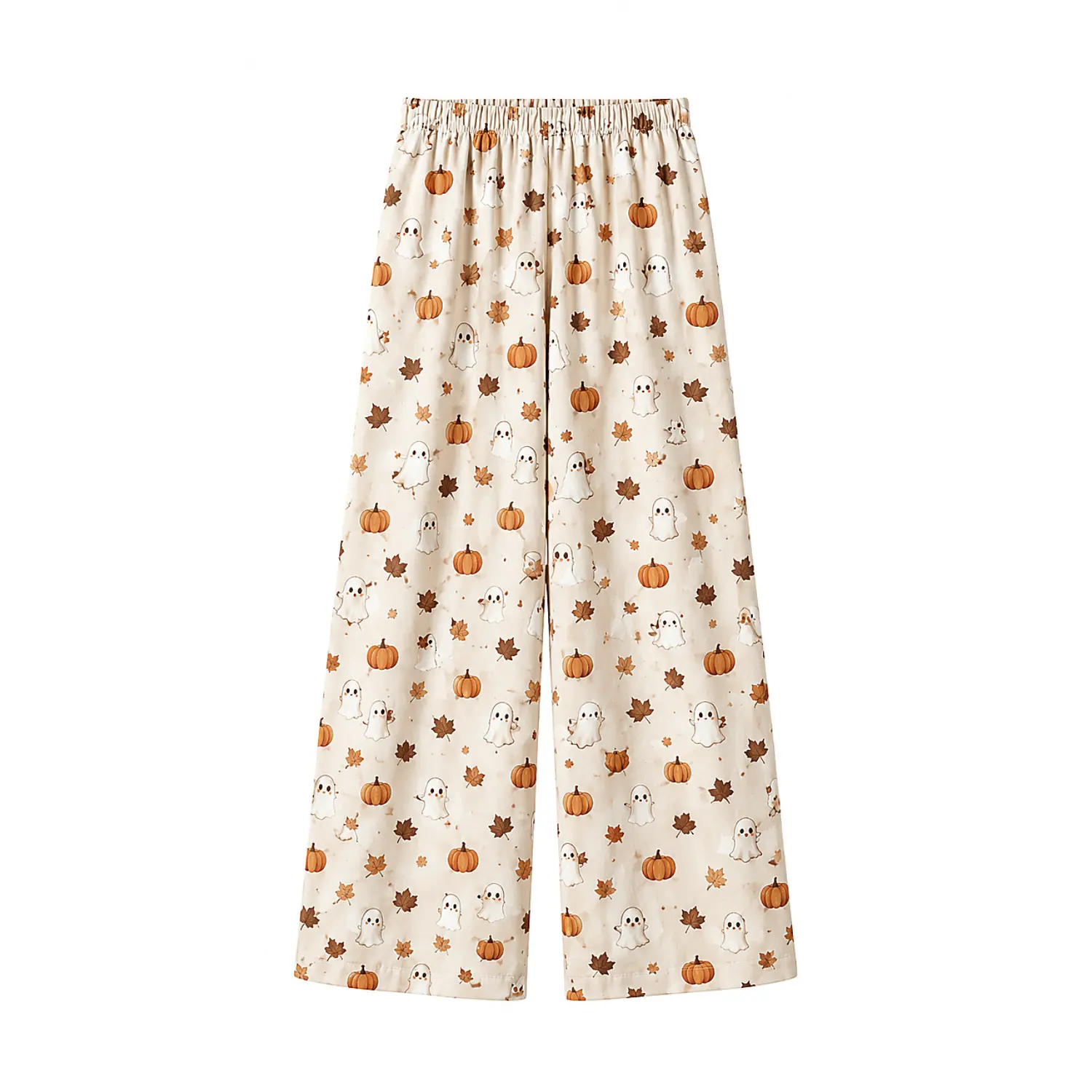 Beige Wide-Leg Lounge Pants Featuring Adorable Ghost Pumpkin & Maple Leaf Prints – Perfect for Fall, Halloween & Relaxation