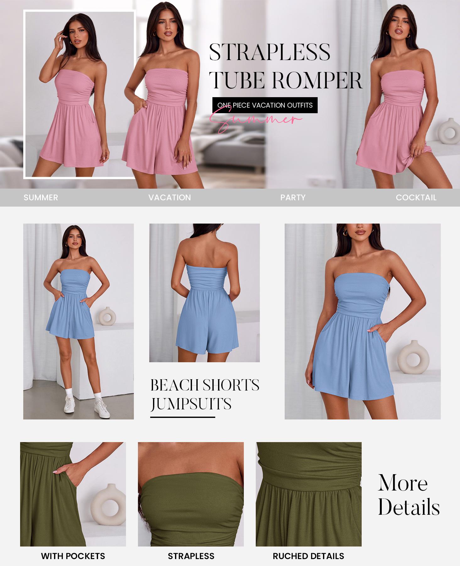 BTFBM Summer Womens Romper 2026 Spring Strapless Tube Beach Vacation Clothes Ruffle Boho Loose Shorts Jumpsuits Pockets BTFBM Summer Womens Romper 2026 Spring Strapless Tube Beach Vacation Clothes Ruffle Boho Loose Shorts Jumpsuits Pockets