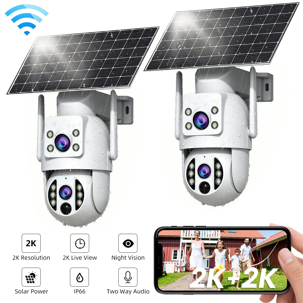 【2026 Exclusive Deal】JOOAN 2K+2K HD Solar 360° Dual Lens Wireless Outdoor Security Camera, 360° PTZ Dual Screen(No Dead Ends), 2.4G WiFi, Spotlight, IP66 Waterproof, Color Night Vision, PIR Human Detection, Two-Way Talk, Auto Tracking, Siren Alarm, Alexa
