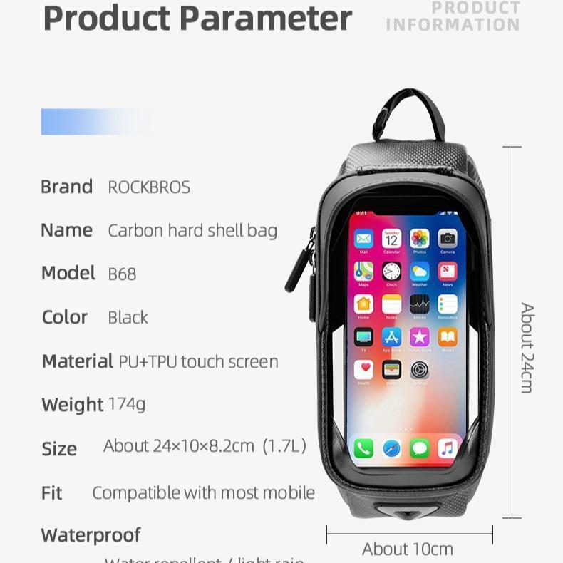 ROCKBROS Waterproof Bike Phone Mount Bag – EVA Hard Shell Bicycle Pouch with Rain Cover, Fits iPhone 14/13/12/11 Pro/XS Max/XR & Smartphones Up to 6.8” – Secure Cycling Accessory for Mountain & Road Bikes