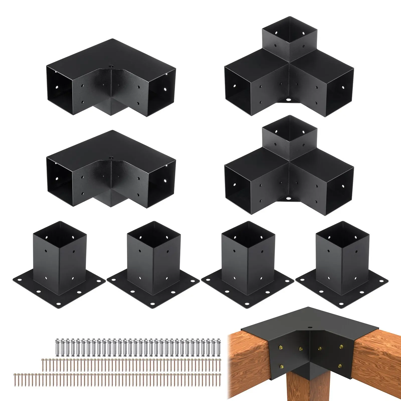 【SummerFinds】8pcs Carbon Steel 3-Way Heavy-Duty Pergola Brackets Kit, 4"x4" Sturdy Woodworks DIY Post Base with Stainless Steel Screws, Easy-Installation Outdoor Hardware with Drainage Holes
