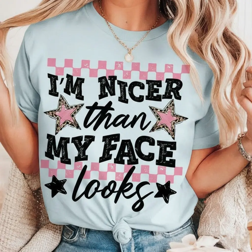 Women's Retro Checkered Print Shirt - Fitted Shortsleeve Sassy Style with Funny "I'm Nicer Than My Face Looks" Quote for Casual Wear, Tshirt, Funny Quote, Lady, Crew Neck, Trending, Cotton, Cold Wash, Tee, Graphic, Funny Vibes