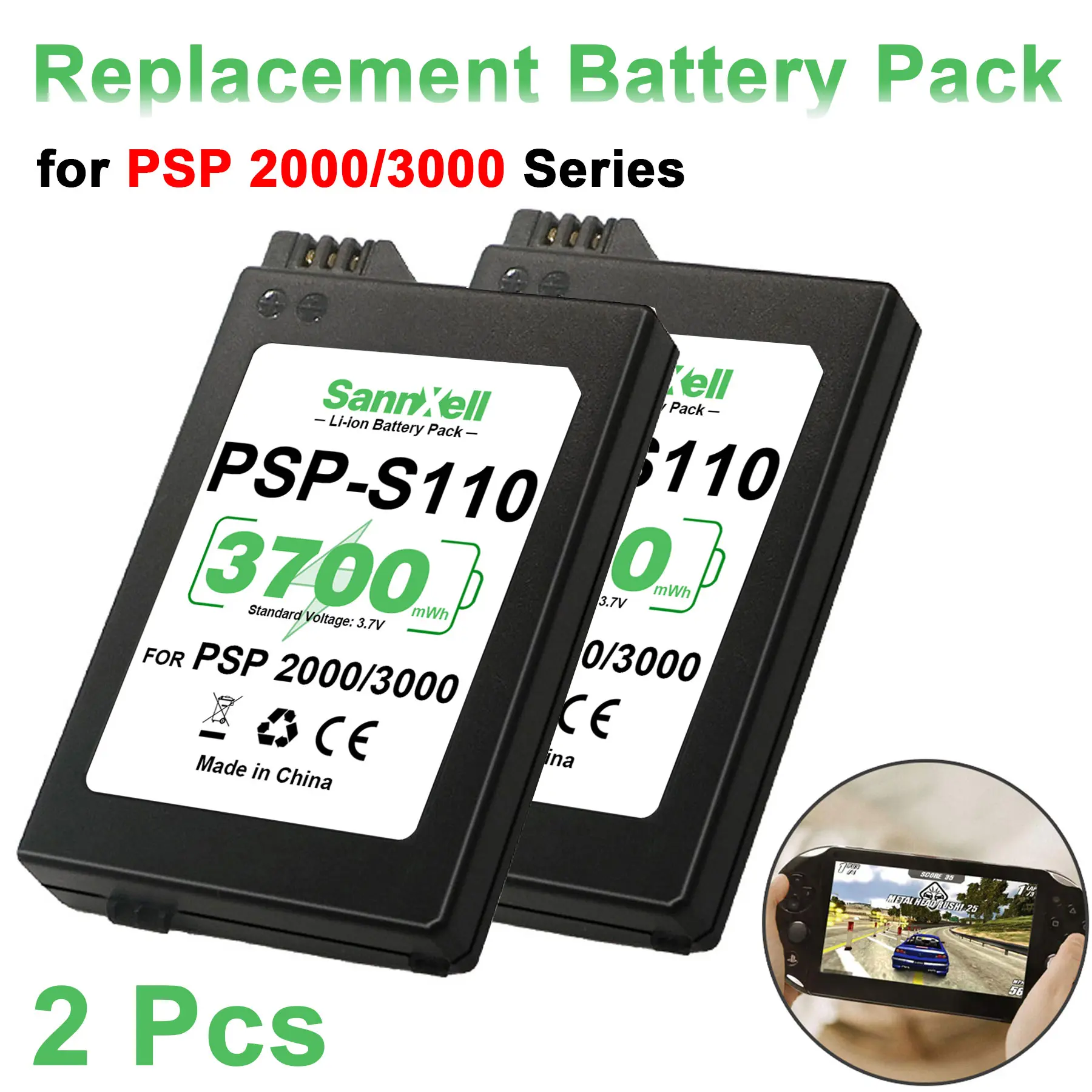2 Pcs Replacement Battery for PSP 2000/3000, 3.7V Li-ion Battery Pack, Rechargeable Battery for PSP Game Console, Portable Battery for PSP 2000, PSP 3000, PSP-S110 Battery Back