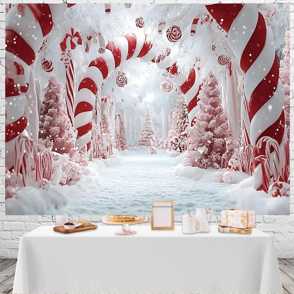 1pc 2D Flat Extra-Large Christmas Photography Backdrop - Red White Candy Cane Trees, Snowy Forest, Jumbo Size (in/cm) - Decoration for Weddings, Parties, Bedding & Linens, Blankets & Throws