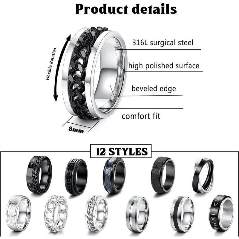 MILACOLATO 12PCS Stainless Steel Band Rings for Men Women Fidget Spinning Chain Ring Anxiety Relief Fashion Simple Black Ring Set Sizes 7-13 Daily Wear