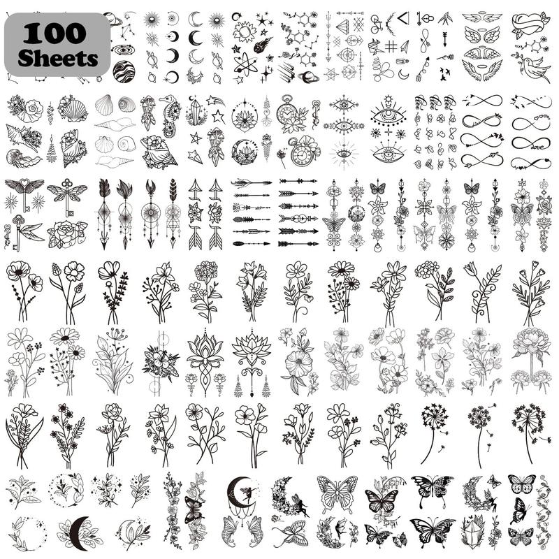 Cerlaza 100 Sheets Temporary Tattoos for Women Adult, 420 Mixed Styles Tiny Branch Fake Tattoo Stickers that Look Real and Last Long, Christmas Decoration Realistic Henna for Girl Body Art Sticker