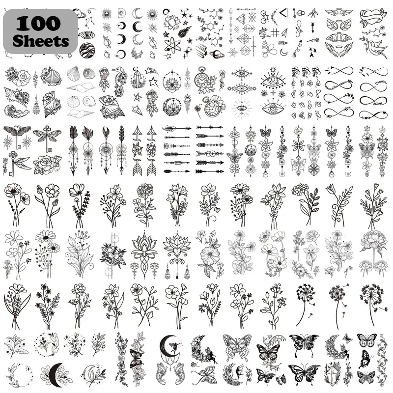 Cerlaza 100 Sheets Temporary Tattoos for Women Adult, 420 Mixed Styles Tiny Branch Fake Tattoo Stickers that Look Real and Last Long, Christmas Decoration Realistic Henna for Girl Body Art Sticker