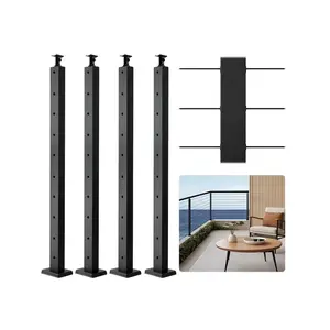 VEVOR 4-Pack Cable Railing Post, 36x1x2 In Horizontal-Hole Deck Railing Post with Pre-Drilled Holes, Stainless Steel Cable Rail Post with Horizontal and Curved Bracket, Black
