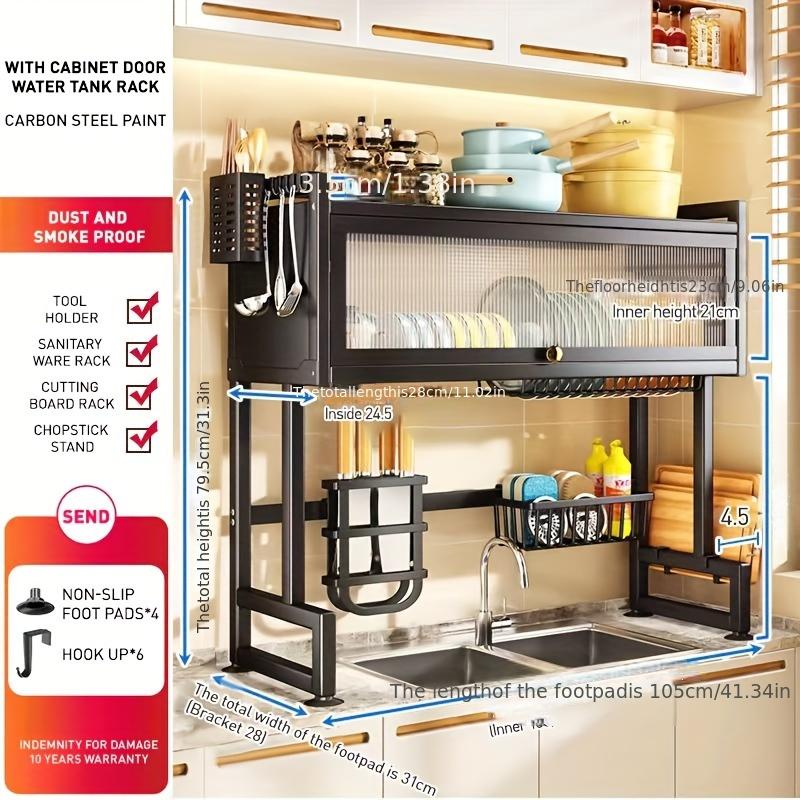 Multi-Functional Kitchen Storage Rack with Cabinet Door Access - Black Metal Countertop Organizer for Dishes, Utensils, and Cookware with Drain Tray, Towel Holder, and Spice Shelf, Sink Storage Solution Functional Kitchen Accessory