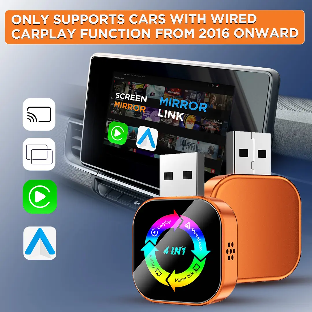 【Check Compatibility】2026 4-in-1 Wireless CarPlay & Android Auto Adapter, Supports YouTube/TikTok/Mirrorlink/Airplay, Plug & Play AI Box for OEM Wired CarPlay Vehicles