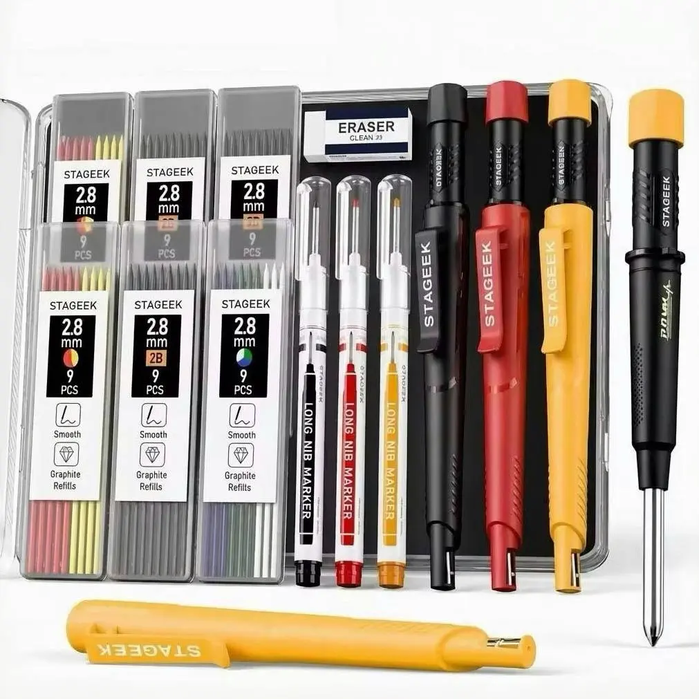 STAGEEK 3 Pack Carpenter Pencils with Sharpener, Mechanical Carpenter Pencils with 57 Refills, Construction Pencil Heavy Duty Woodworking Tools, Deep Hole Long Nib Marker Pens for Architect Marking