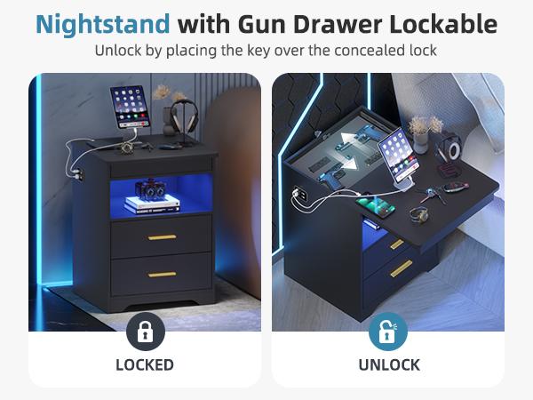 Miu Nightstand Gun Drawer With Sliding Top Charging Station And LED Lights Furniture Bedroom Modern Design Bedside Table Drawer Home