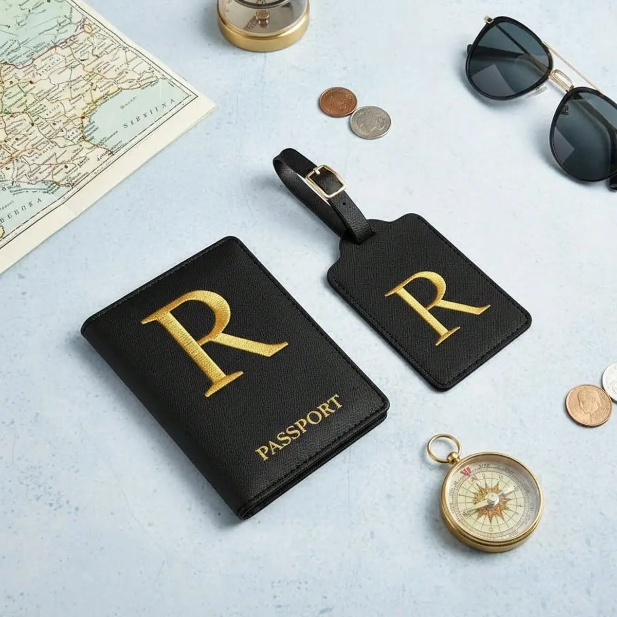 Women's 2pcs Leather Luggage & Passport Tag Set - Personalized Embroidered Monogram Tags with Privacy Name Card, Travel Gifts for Teens (A-Z)