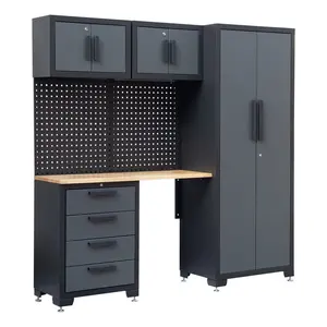 Garage Storage Cabinet, Corner Workshop Set, Cabinet Drawers, Workbench, Pegboard, Black and Grey