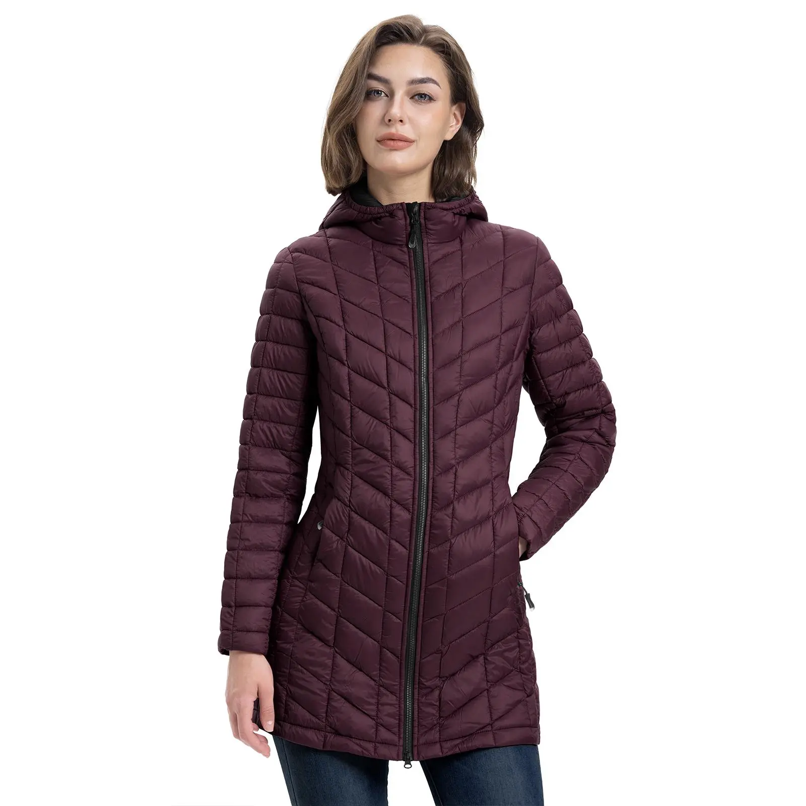 33000ft Lady's Thermolite Hooded Long Sleeve Quilted Puffer Coat - Lightweight, Windproof, Waterproof, Warm Casual Winter Outerwear, Tops, Basic