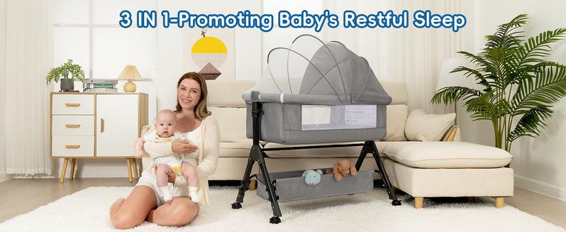 Baby Bassinet,  Crib for Infant and Newborn, Bedside Sleeper with Storage Basket and Mosquito Net, Easy to Fold, Height Adjustable, Portable Side Bed Crib portable