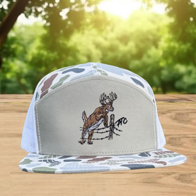 Whitetail Deer 7 Panel Hat | Fence Jump Embroidery Design | Bottomland Camo Flat Bill Trucker Cap | Hunting Mesh Snapback