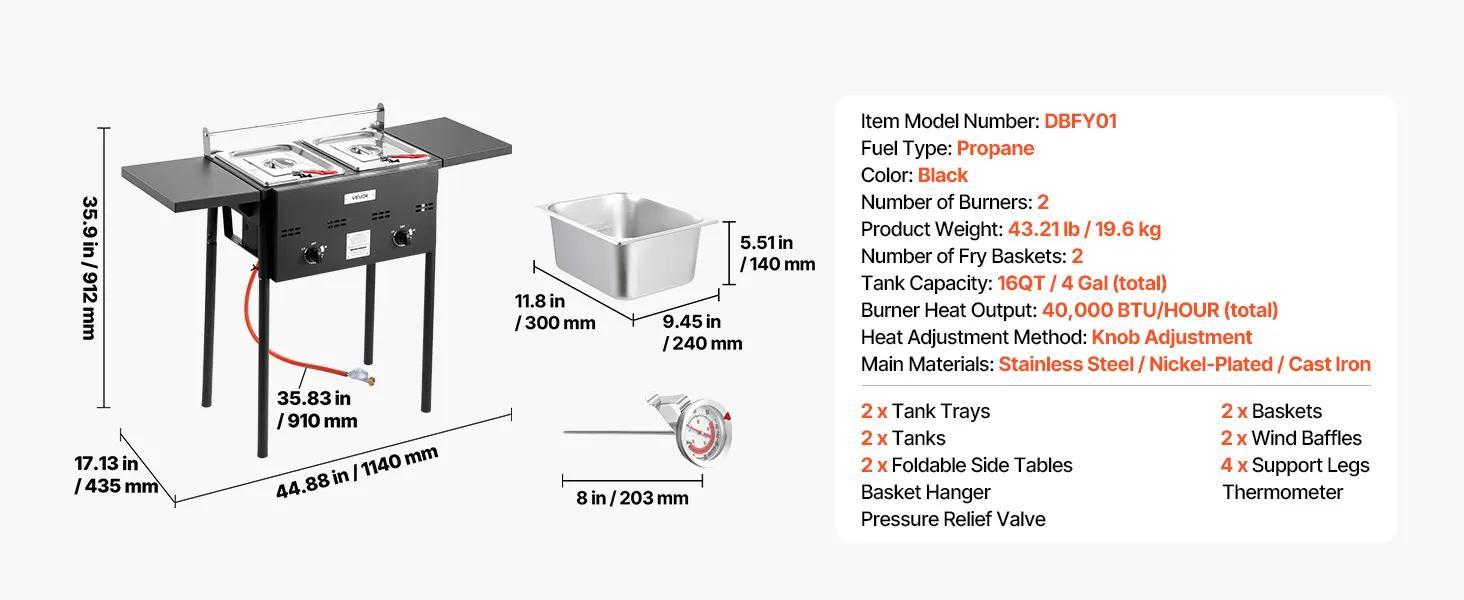 VEVOR Outdoor Propane Deep Fryer, Double Burners Commercial Fryer, 16 Qt Stainless Steel Cooker with Removable Baskets & Lids & Tanks, Oil Fryer Cart with Thermometer & Regulator, For Outdoor Cooking