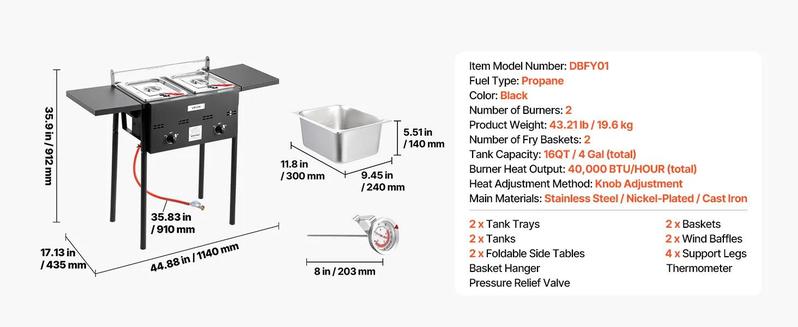 VEVOR Outdoor Propane Deep Fryer, Double Burners Commercial Fryer, 16 Qt Stainless Steel Cooker with Removable Baskets & Lids & Tanks, Oil Fryer Cart with Thermometer & Regulator, For Outdoor Cooking