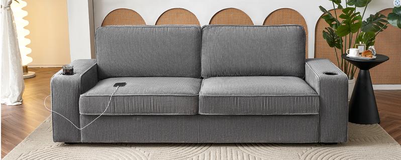 AMERLIFE Sofa, Modern Sofa Couch with USB Charging Ports & Cup Holders, Comfy Sofa- Deep Seat Couch for Living Room