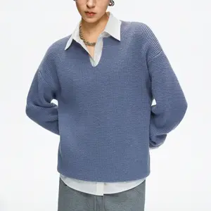 JCCC Blue Waffle Knit Long Sleeve V Neck Pullover Drop Shoulder Oversized Spring And Autumn Tops Comfy Womenswear Knitwear Sweater 2026 Long Sleeve Waffle Knit Casual Cozy Knitwear