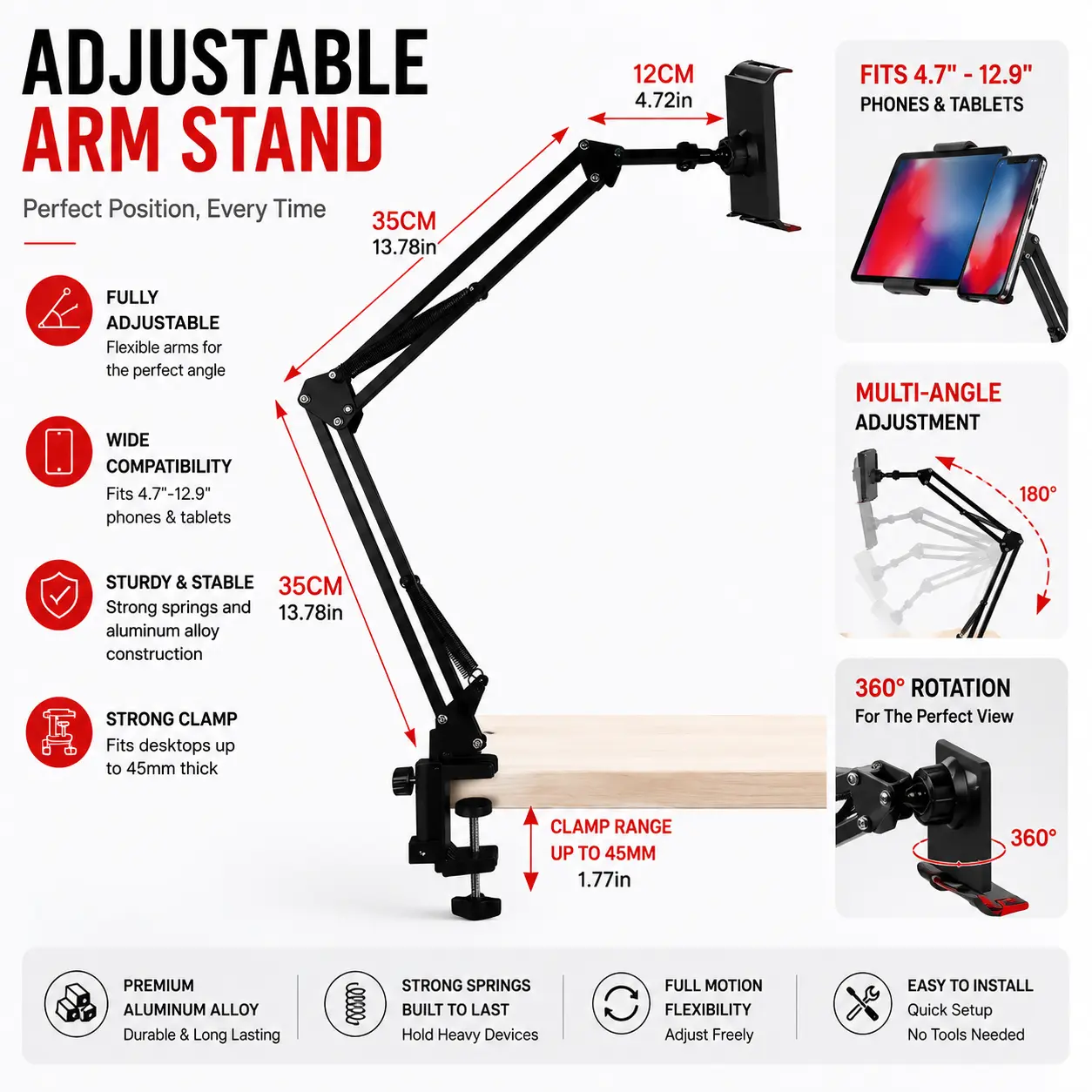 Aluminium Alloy Durable Mobile Phone & Tablet Mount, Flexible Adjustable Arm Stand with Strong Clamp Base, 360° Rotation for Work & Entertainment (Space-Saving Home Organizer Accessory for Smartphone, Cellphone)