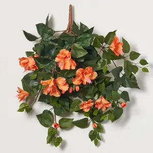 Orange Hibiscus Bloom & Bud 26" Hanging Tropical Faux Floral Bush Spray