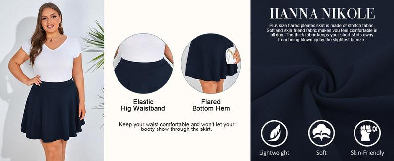 【S-XL&16-28W】Hanna Nikole Women Plus Size Casual Mini Skater Skirt Elastic Lining High Waist Basic Flared Skorts Pleated with Pocket Black Womenswear Palda Fitted Minimalist Bottom mini skirt #TikTokShopBlackFriday