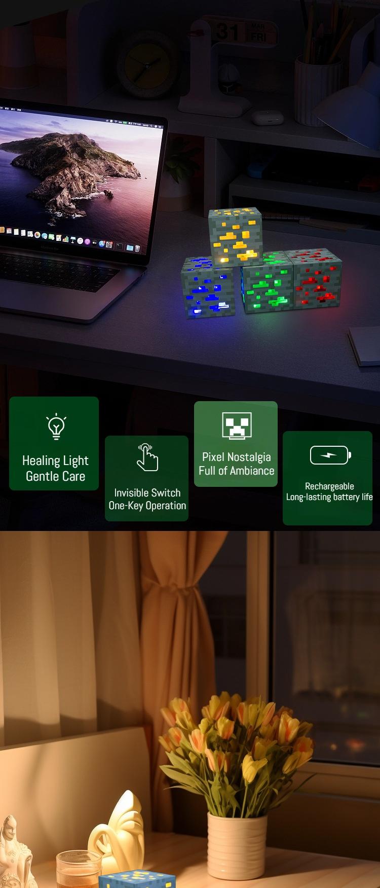 Light-Up Redstone Ore Statue Mc Ore Lamp with Diamond & Lapis Lazuli Effects Rechargeable LED Multicolor Display for Bedrooms Living Rooms