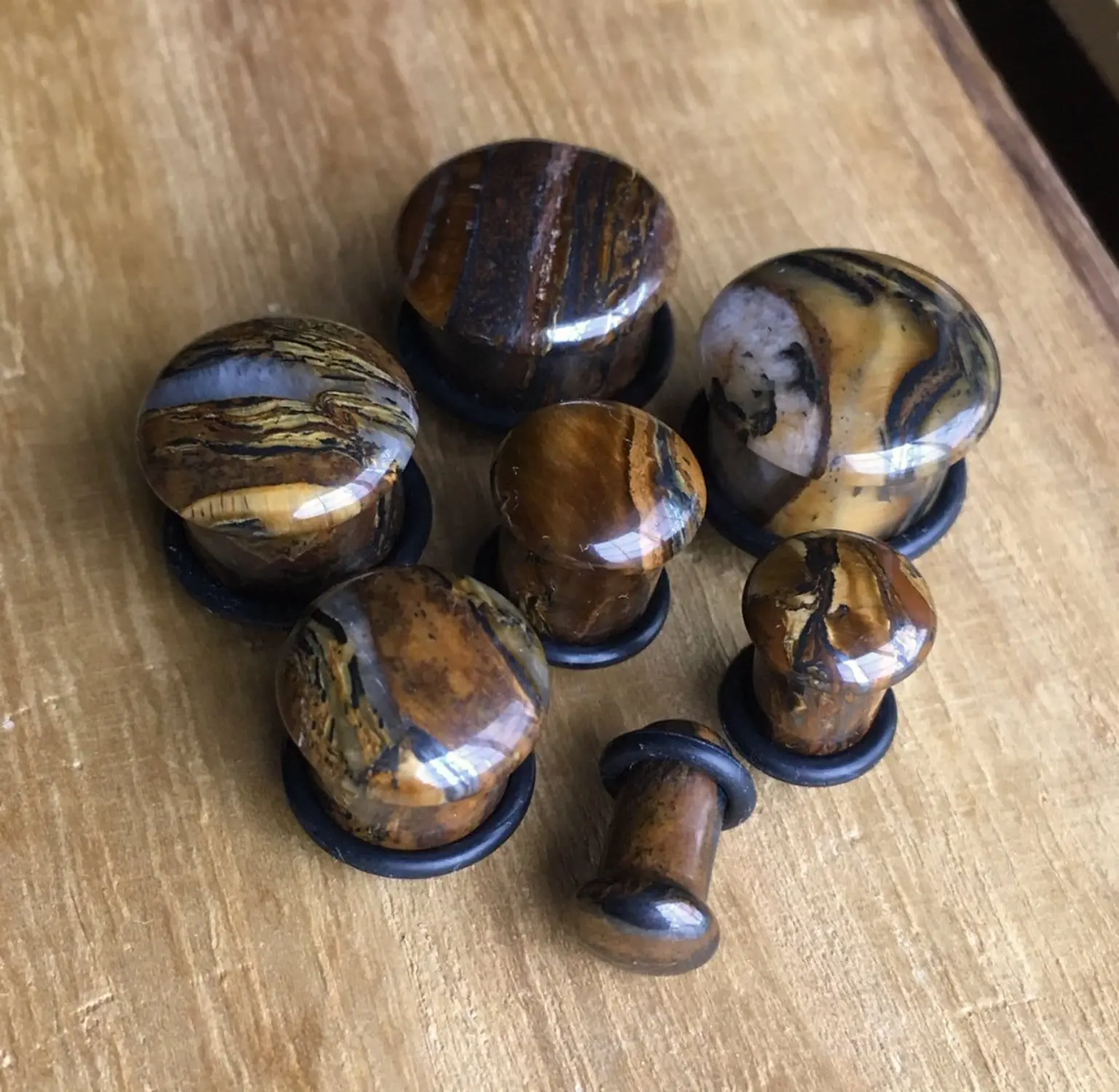 Single Flare Tiger Iron Organic Stone Plugs with O-Rings