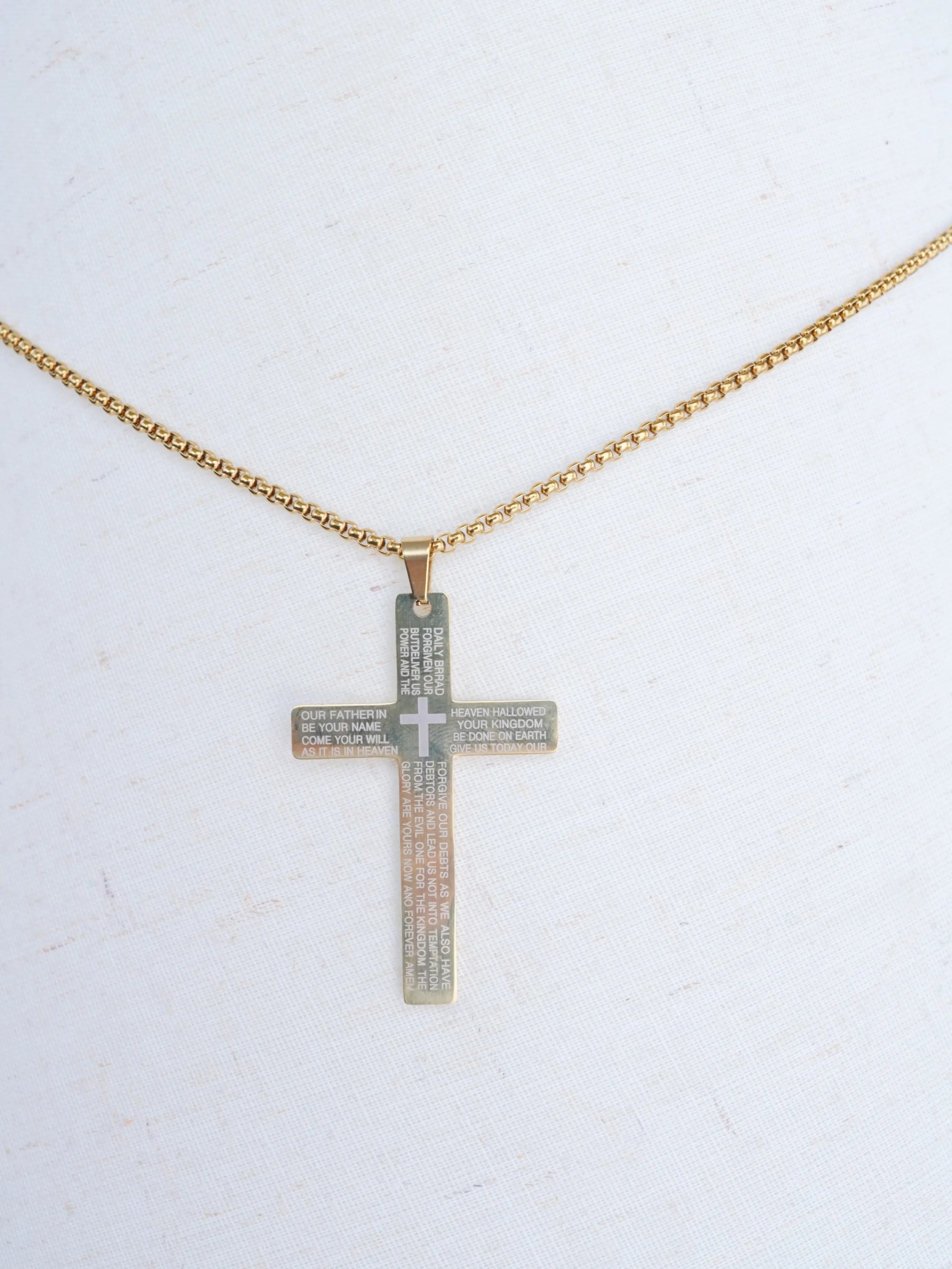 Unisex Gold-Tone Stainless Steel Elegant Cross Pendant Necklace - Bible Engrave Design, Adults' Jewelry for Party, Casual, Daily Wear, Choking Hazard Small Parts, No