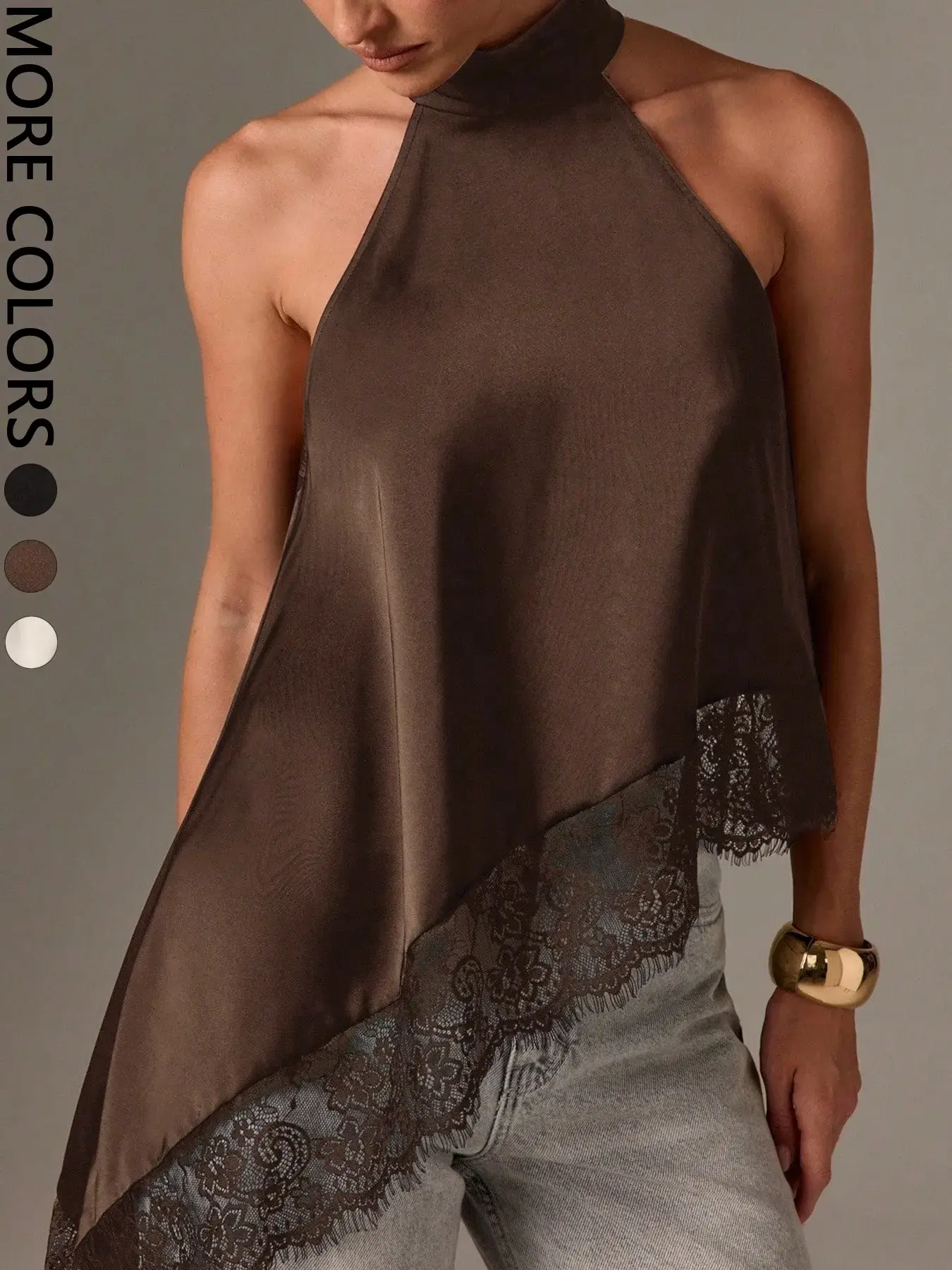 FEITAI Women's Smooth Satin Halter Top, Chic Sleeveless Blouse with Asymmetrical Hem and Lace Trim for Romantic Evenings, Elegance, Tops For Women, Style