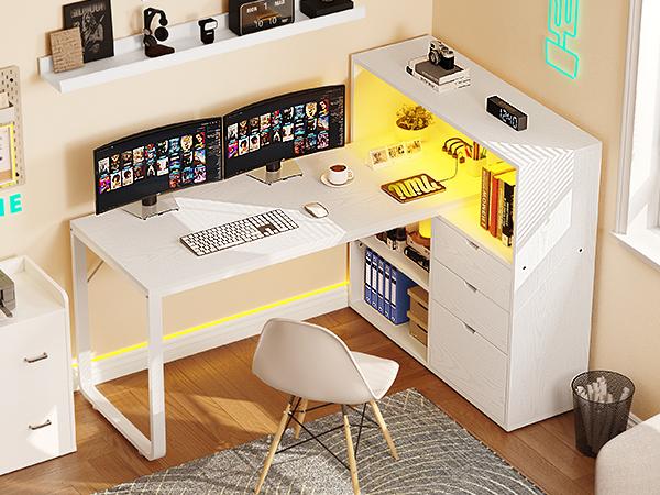 Yitahome L Shaped Desk with Power Outlets & LED Lights & File Cabinet, 55" Corner Computer Desk with 3 Drawers & 3 Storage Shelves, Home Office Desk with Bookshelf