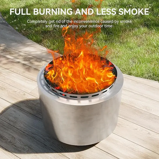 Kullavik 19-Inch Smokeless Metal Fire Pit Stove, Stainless Steel Portable Wood-Fired Outdoor Fireplace with Weather-Resistant Cover, Safety Modern Design for Backyard Camping, Wood-Fired Outdoor Fireplaces