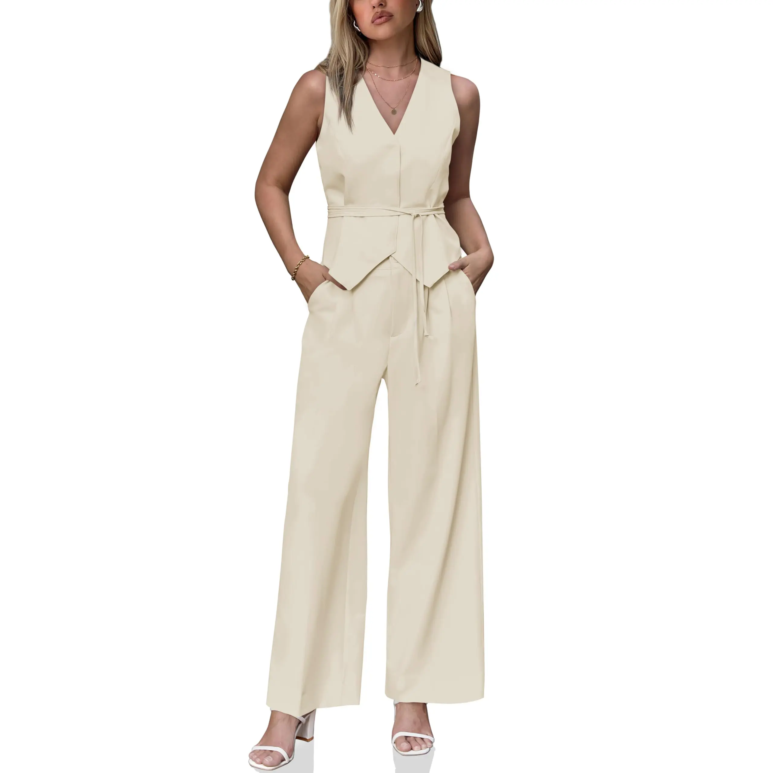 Cicy Bell Women's 2 Piece Outfits Sleeveless Tie Waist Suit Vest and Wide Leg Pants Business Casual Blazer Sets Cicy Bell Women's 2 Piece Outfits Sleeveless Tie Waist Suit Vest and Wide Leg Pants Business Casual Blazer Sets