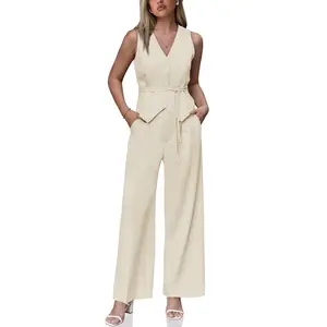 Cicy Bell Women's 2 Piece Outfits Sleeveless Tie Waist Suit Vest and Wide Leg Pants Business Casual Blazer Sets