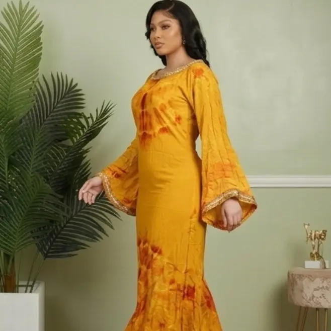 Ayaan Soleil Batik Dress - Vibrant Yellow with Red Accents, Long Sleeves, Elegant Design, Light, Women