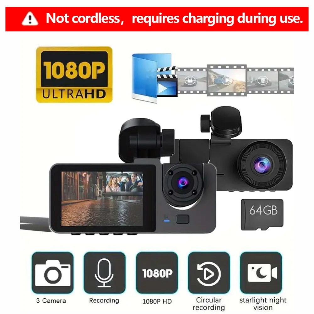 Deals for You Days | HD Car DVR with Dual Lenses, Loop Recording and 64GB Memory Card, Car Rear View Camera, Driving Recorder, 1080P