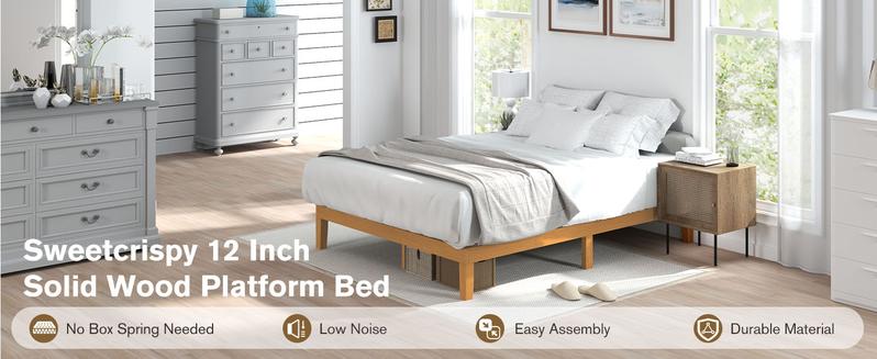 Queen Size Wood Bed Frame, 12in Platform Mattress Foundation with Support Slats, Natural Pine Color, Easy Assembly, No Spring Needed
