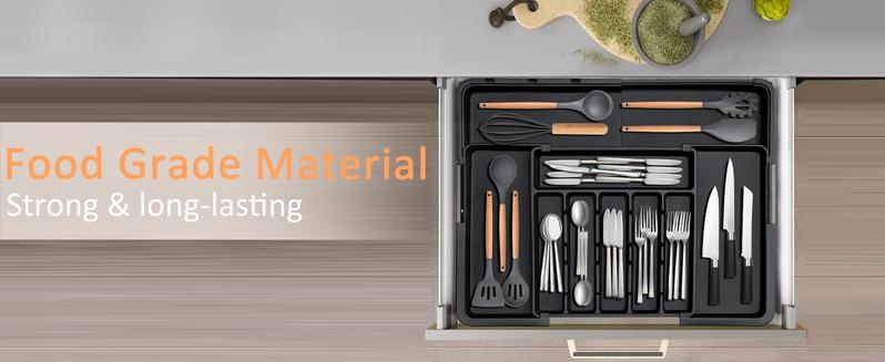 【SUHOPE】【Holiday Deal】Silverware Organizer Expandable Kitchen Utensil Drawer Organizer with 9 Compartment Large Cutlery Organizer Tray for Forks Knives 13" - 22"W ,14.5" - 19"L