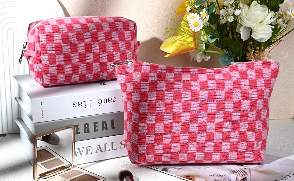 SOIDRAM 2 Pieces Makeup Bag Large Checkered Cosmetic Bag Capacity Canvas Mix Travel Toiletry Bag Organizer Cute Makeup Brushes Aesthetic Accessories Storage Bag for Women, Checkered Mix Rose Red