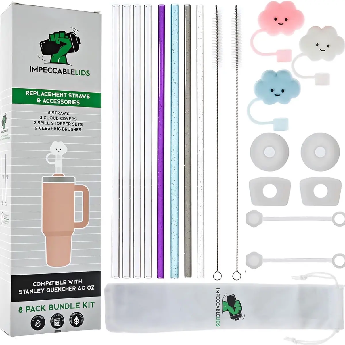 Stanley cup accessories set - includes 4 clear replacement straws for 40oz tumbler, 4 glitter straws, 2 stopper leak proof kits, 3 cute straw covers for 8-10mm straws, 2 straw brushes & FREE straw bag