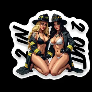 Firefighter 2 In 2 Out Pinup Girls Sticker - Includes one 2.5" sticker and One 3" Sticker
