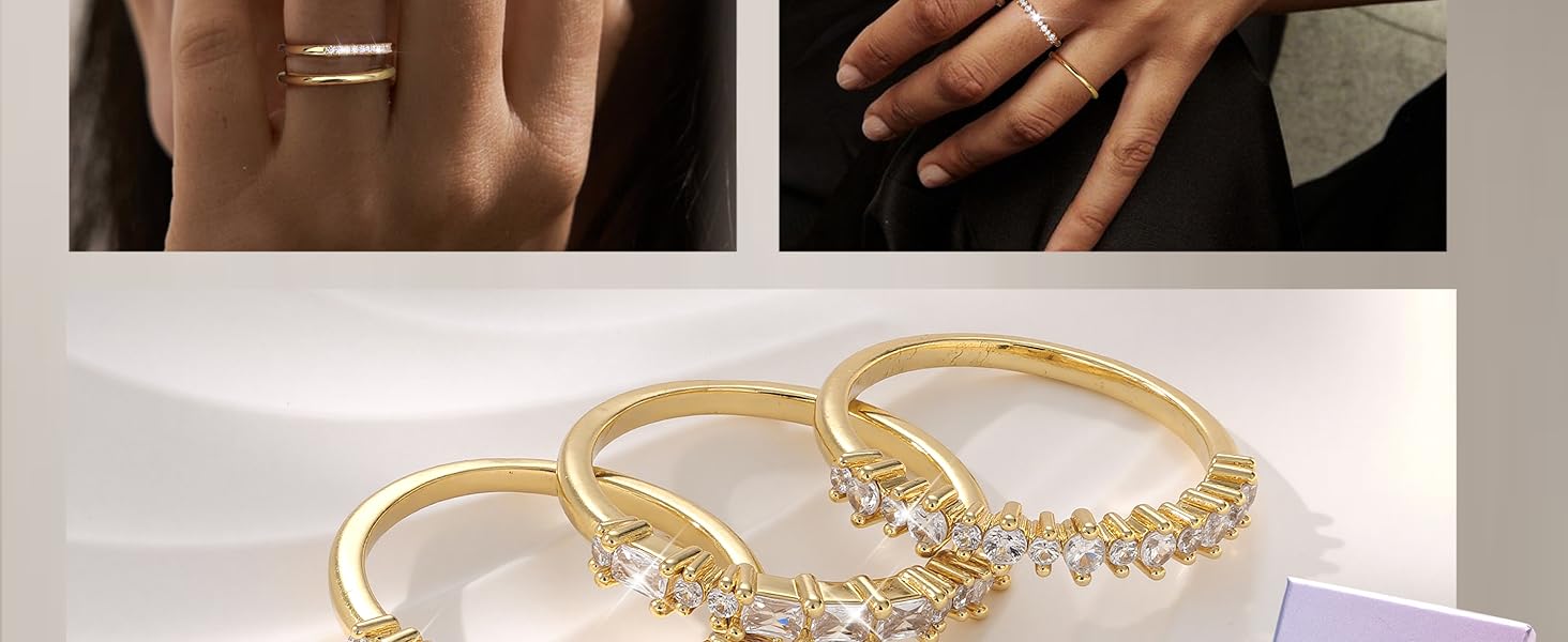 LOLIAS 14K Gold Plated Stackable Rings for Women Non Tarnish - Dainty Cubic Zirconia Wedding Bands Ring Set Minimalist Trendy Statement Engagement Promise Thumb Rings Stacking Size 5-10