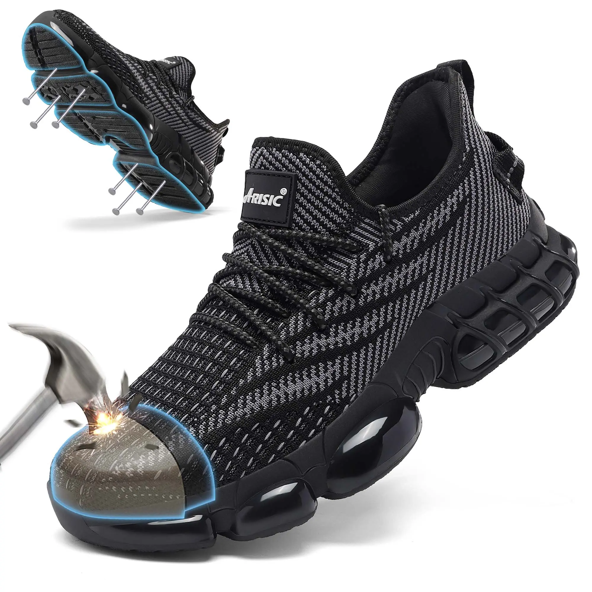 Men's Steel Toe Safety Sneakers - Lace-Up Polyester Knit Upper Work Shoes, Puncture-Proof, Breathable, Reinforced Cap, EVA Rubber Sole, All-Season Warehouse & Construction Job Footwear