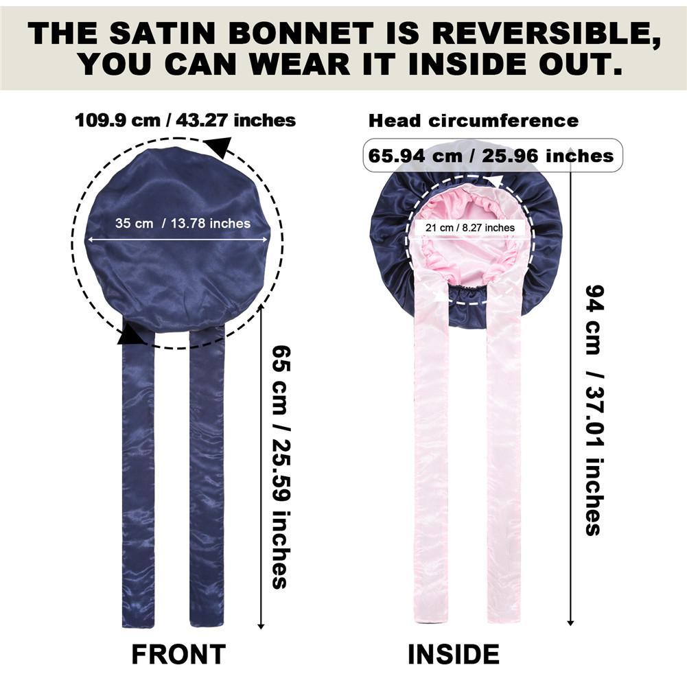 Double-Layer Navy Blue&Pink Satin Bonnet Sleep Cap for Women Curly Hair Wrap for Sleeping Cap Adjustable Reversible Bonnets with Tie Band Night Cap