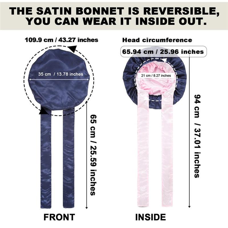 Double-Layer Navy Blue&Pink Satin Bonnet Sleep Cap for Women Curly Hair Wrap for Sleeping Cap Adjustable Reversible Bonnets with Tie Band Night Cap